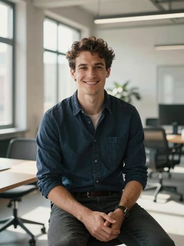 A smart-casual young founder sitting in a modern, sunlit office, smiling confidently, clean architectural lines of a Munich loft in the background, bright natural lighting.