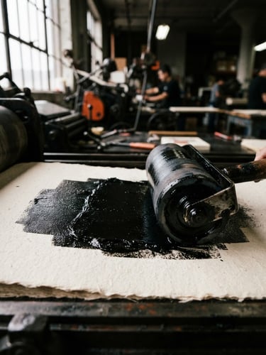 Extreme close-up of thick black ink being rolled onto heavy cream-colored paper in a raw industrial print shop, harsh natural light, high contrast.
