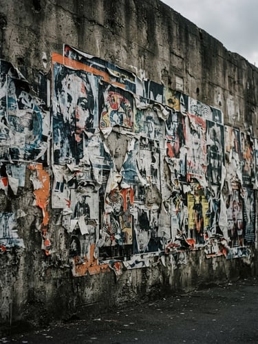 Low-angle street-level 35mm film photograph of raw wheatpasted posters on a textured concrete wall, overcast daylight, high-contrast shadows, gritty industrial texture.