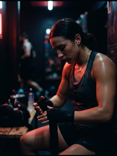 Cinematic portrait of a focused athlete wrapping their hands in the locker room, deep shadows, neon red accent light, 35mm