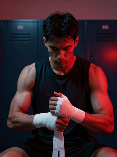 Cinematic portrait of a focused athlete wrapping their hands in a dark locker room, neon red accent lighting, deep shadows, 35mm