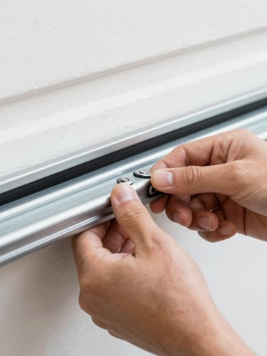 Tight macro shot of clean hands adjusting heavy-duty steel garage door tracks, bright natural daylight, sharp focus 35mm lens