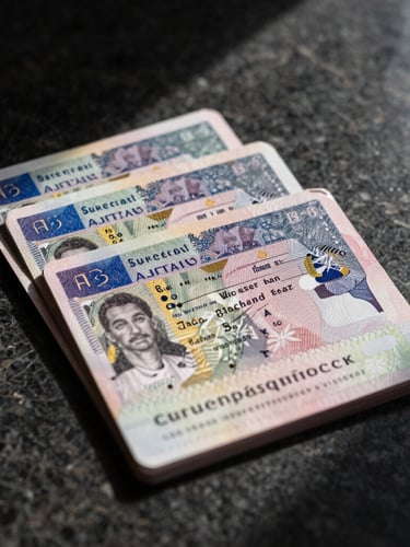 Dramatic close-up of European visa documents and passports on a dark obsidian marble surface, focused spotlight from top-right casting deep shadows, warm gold accents on document stamps, high-contrast prestige editorial style.