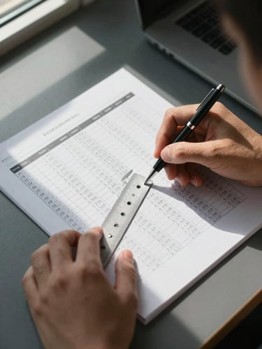 Close-up overhead of hands annotating a dense financial model spreadsheet on a dark desk, a ruler and pen aligned with columns of figures, bright office window light casting sharp shadows, high contrast, no faces