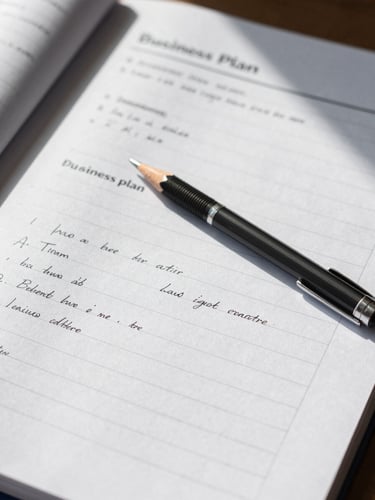 Overhead close-up of a business plan document covered in handwritten margin annotations, a mechanical pencil resting across the page, bright studio daylight from the left casting crisp shadows on the paper