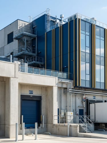Crisp architectural detail of a modern logistics hub exterior, clean concrete lines, bright morning sunlight, sharp focus, 35mm lens