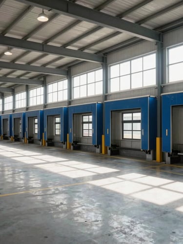 Crisp interior photo of a modern warehouse floor, sunlight streaming through high windows, clean organized loading bays, sharp focus.