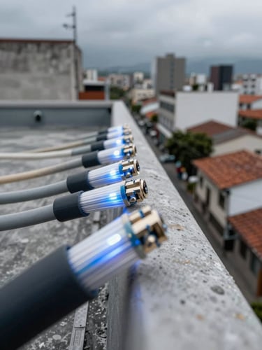 Wide vertical close-up of fiber-optic cables running along a Colombian rooftop parapet, sharp blue-white light catching the cable sheath, urban Antioquia rooftops receding into the background, technical precision in the foreground