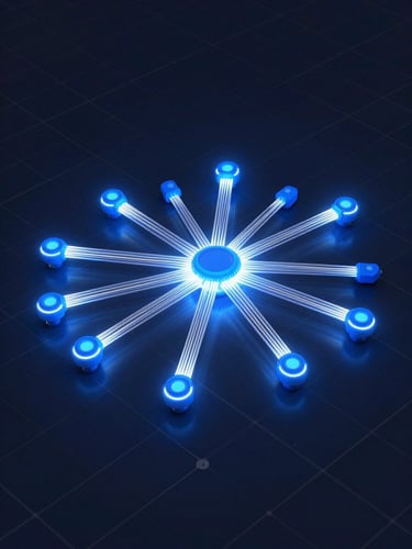 Wide isometric 3D render of a fiber-optic network topology map, glowing electric-blue nodes connected by luminous white cable lines spreading across a dark navy grid, suggesting nine Colombian municipalities linked by a single fiber backbone, sharp technical edges, studio digital lighting, no text or labels