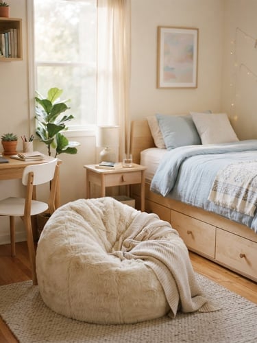 Bright, morning-lit teen bedroom featuring a light birch storage bed with integrated drawers on the right, a pastel blue duvet, natural wood desk, and a cozy faux fur bean lounger, soft indirect daylight, shallow depth of field, 35mm.
