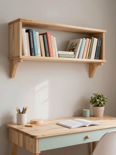 Portrait shot of a beautifully organized and styled teen bedroom, showcasing a narrow wall floating book rack and a pastel wood desk, soft indirect morning daylight, muted pastel tones, natural light birch wood, shallow depth of field, 35mm