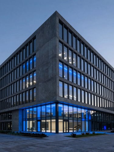 Wide environmental shot of a minimalist concrete and glass corporate headquarters at dusk, dramatic low-key lighting with electric blue interior highlights.