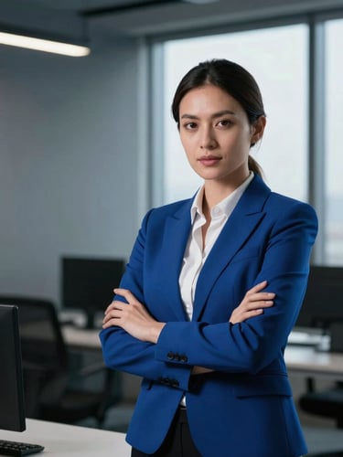 Candid portrait of a female operations executive in a modern workspace, natural window light, dramatic contrast, cool slate and electric blue tones, sharp focus.