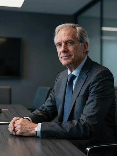 A close-up, low-key dramatic portrait of a senior investment partner in a modern dark-toned boardroom, natural side lighting, cool slate tones, 35mm lens.