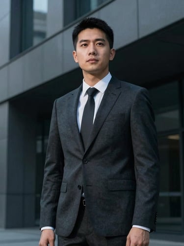 Candid portrait of a male managing director in a dark charcoal suit, low-key dramatic contrast, cool slate tones, modern architectural background, 35mm lens.