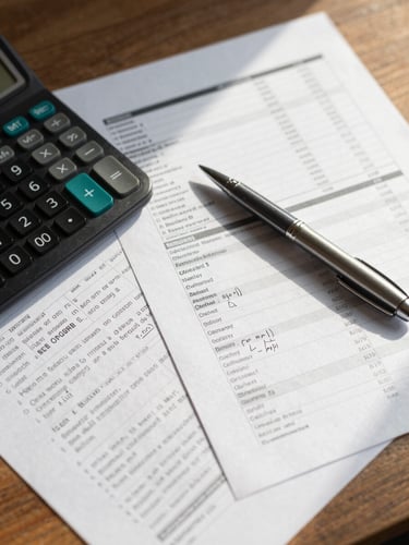 Overhead close-up of a wooden desk, financial worksheets with handwritten annotations, a calculator and pen resting on printed cash flow tables, natural window light casting soft shadows across the paper surface