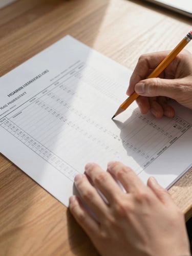 Close-up overhead view of hands reviewing a printed financial worksheet on a wooden desk, a pencil resting beside annotated columns of numbers, natural window light casting soft shadows across the paper
