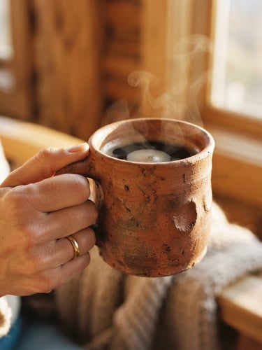 Close-up of a hand holding a warm terracotta ceramic mug filled with steaming coffee, golden-hour sunlight casting soft shadows, showing thumbprint textures, 35mm photography