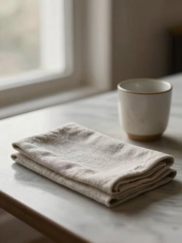 Close framing of a hospitality table setting — folded linen napkin beside a ceramic cup, diffused morning window light from the left, shallow depth, warm grey and bone white tones, no people