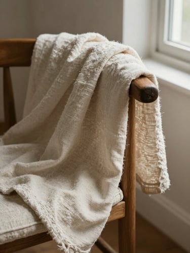 Close framing of heavy linen draped over a wooden chair arm near an open window, diffused north-facing daylight casting soft shadows across the weave, warm bone-white tones, tactile and still