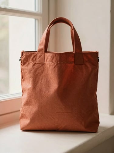 Soft morning window light illuminating a structured minimalist textile bag in terracotta canvas, placed on a warm cream plaster surface, neat stitching details visible, shallow depth of field, 35mm