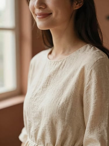 Close-up of a woman smiling gently, wearing a warm cream linen dress, soft morning window light, earthy terracotta tones, shallow depth of field, 35mm