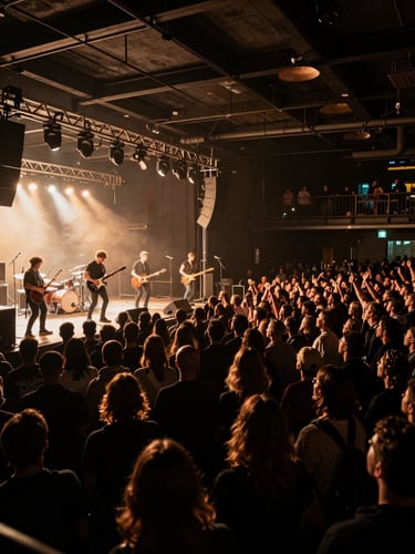 Wide shot of a packed venue interior from stage left, the band mid-set under amber and white practical stage fixtures, crowd pressed forward in the dark, guitars and drum kit silhouetted against the light wash