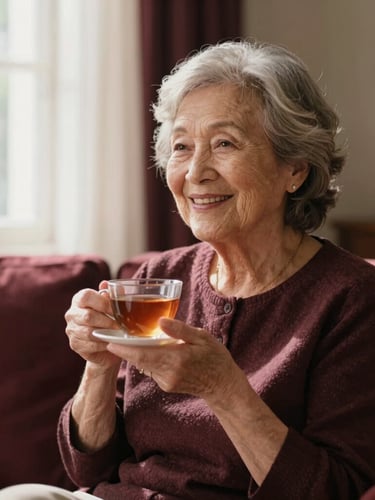 An active senior woman smiling warmly, sitting in a sunlit living room with soft window light, holding a cup of tea, warm editorial photography style