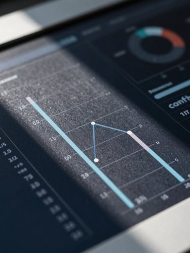 Tight macro shot of a high-contrast analytical dashboard on a physical screen, sharp shadows, cool-toned daylight