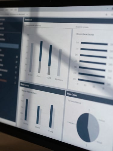 Tight macro crop of a physical monitor displaying analytical dashboards, sharp directional daylight casting shadows across the screen, cool gray and navy tones, 35mm.