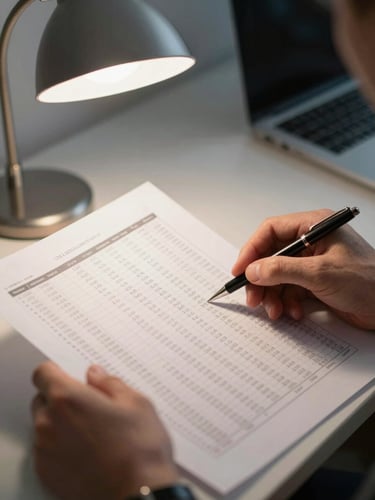 Close-up of hands reviewing a multi-page financial report on a desk, tungsten desk lamp illuminating the pages, pen resting beside columns of figures, quiet office environment out of focus in the background