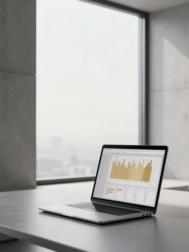 Minimalist corporate workspace, clean lines, concrete walls, large window with soft morning light, a sleek laptop showing a clean dashboard with golden data points, highly professional atmosphere.