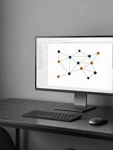 Minimalist modern workspace with a clean desk, dark brushed metal finishes, a single high-end monitor displaying clean analytical data and node networks, subtle warm amber lighting reflections.