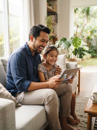 Bright lifestyle photography of a cheerful Indonesian family in a modern sunlit living room, father and daughter laughing while streaming video on a tablet, warm natural indoor lighting, clean home interior, shallow depth of field
