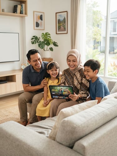 Bright lifestyle photography of a cheerful Indonesian family sitting together in a modern white living room, smiling while streaming a movie on a tablet, warm natural indoor lighting