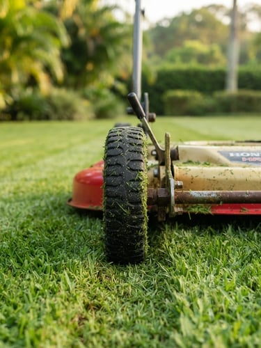 Close-up of professional gasoline lawn mower wheels on a neatly cut Brazilian flat grass lawn, soft morning light, sharp focus, 35mm lens