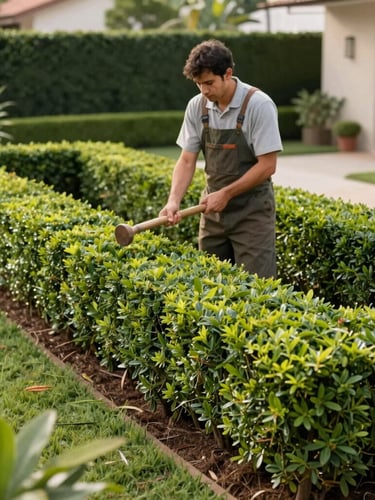Professional gardener neatly trimming a hedge border in a real Brazilian residential garden, clean lines, natural morning daylight, sharp focus