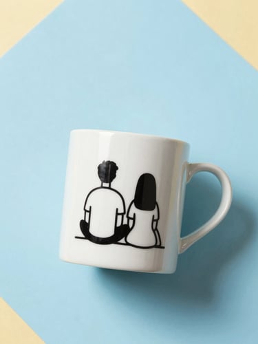 Overhead shot of a clean white ceramic mug with minimalist black line art of a couple, sitting on a bright sky blue surface under soft natural daylight, 50mm