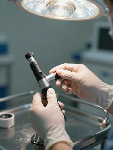 Close-up of a clinician's gloved hands adjusting an endoscope on a procedure cart, clinical overhead lighting, stainless steel surface, sharp focus on the instrument grip