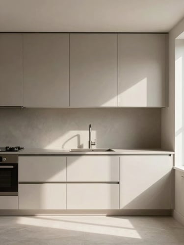 Straight-on architectural shot of a minimalist kitchen with warm gray custom cabinets, soft natural daylight, high-end details