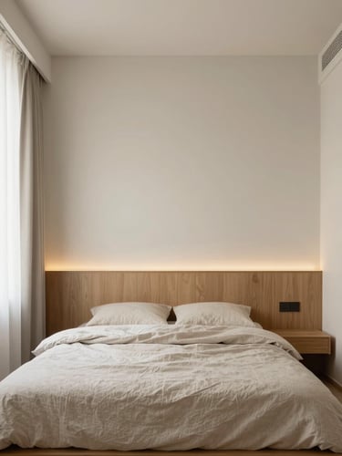 Straight-on architectural shot of a minimalist bedroom suite, custom wood headboard integrated with warm LED lighting, soft neutral linen bedding, diffused morning daylight.