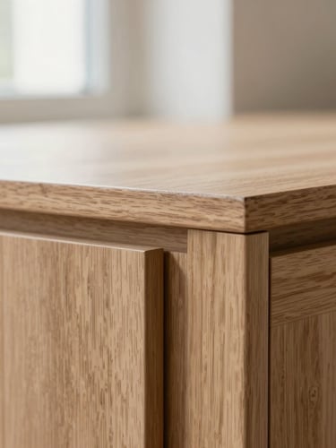 Macro close-up of a perfectly aligned wooden cabinet joint, highlighting the texture of natural oak and flawless matte lacquer finish, soft natural daylight.