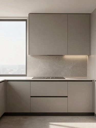Straight-on architectural shot of a minimalist luxury kitchen with warm gray custom cabinets, soft natural daylight from a large window, clean lines, high-end finish details
