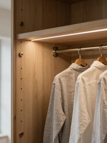 Detailed macro shot of an open walk-in closet corner, warm LED strip lighting illuminating custom oak shelves, neatly hung linen shirts, soft shadows, architectural details.
