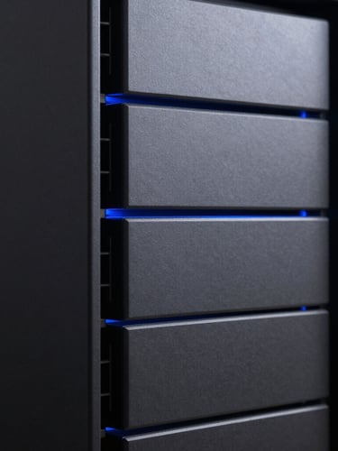 Minimalist dark server rack cabinet, subtle electric blue edge lighting, clean cable management, high contrast, macro tech photography
