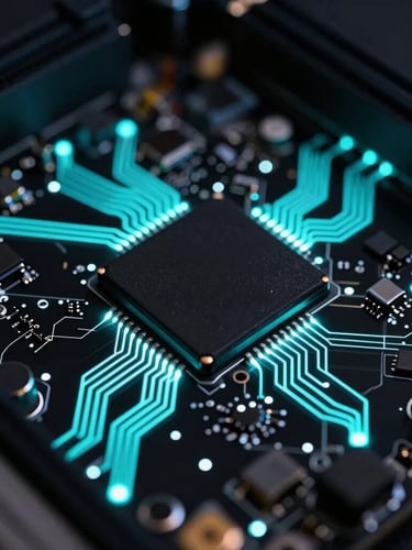 Extreme close-up of a high-end computer motherboard, glowing electric cyan LED traces, dark matte black surface, sharp focus on micro-components, 35mm lens