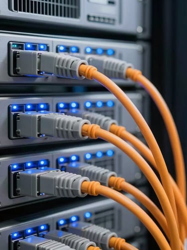 Close-up of structured cabling in an enterprise server rack with neat gray and orange patch cords, cool blue LED indicator lights glowing, professional technology environment, sharp focus, 35mm