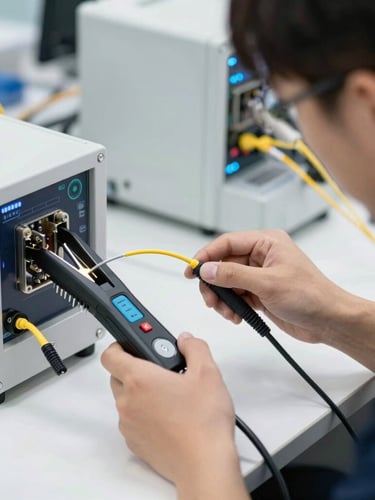 Medium close-up of a professional technician testing fiber optic lines with a modern fusion splicer in a bright corporate environment, sharp focus, technical precision.