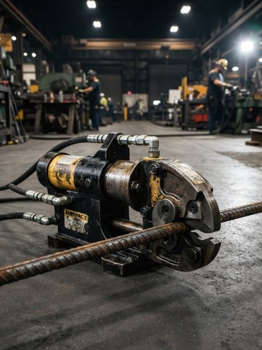 High-pressure hydraulic cylinders and heavy-duty rebar cutters on a clean factory floor, sharp metallic textures, high-contrast industrial key light, 50mm lens