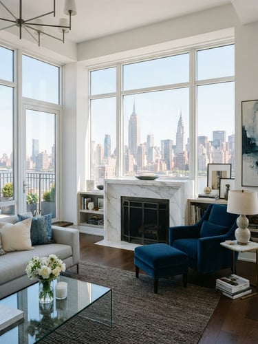 Crisp architectural photography of a pristine sunlit Manhattan penthouse living room, white marble fireplace, deep blue velvet chair, bright natural window light, 35mm lens